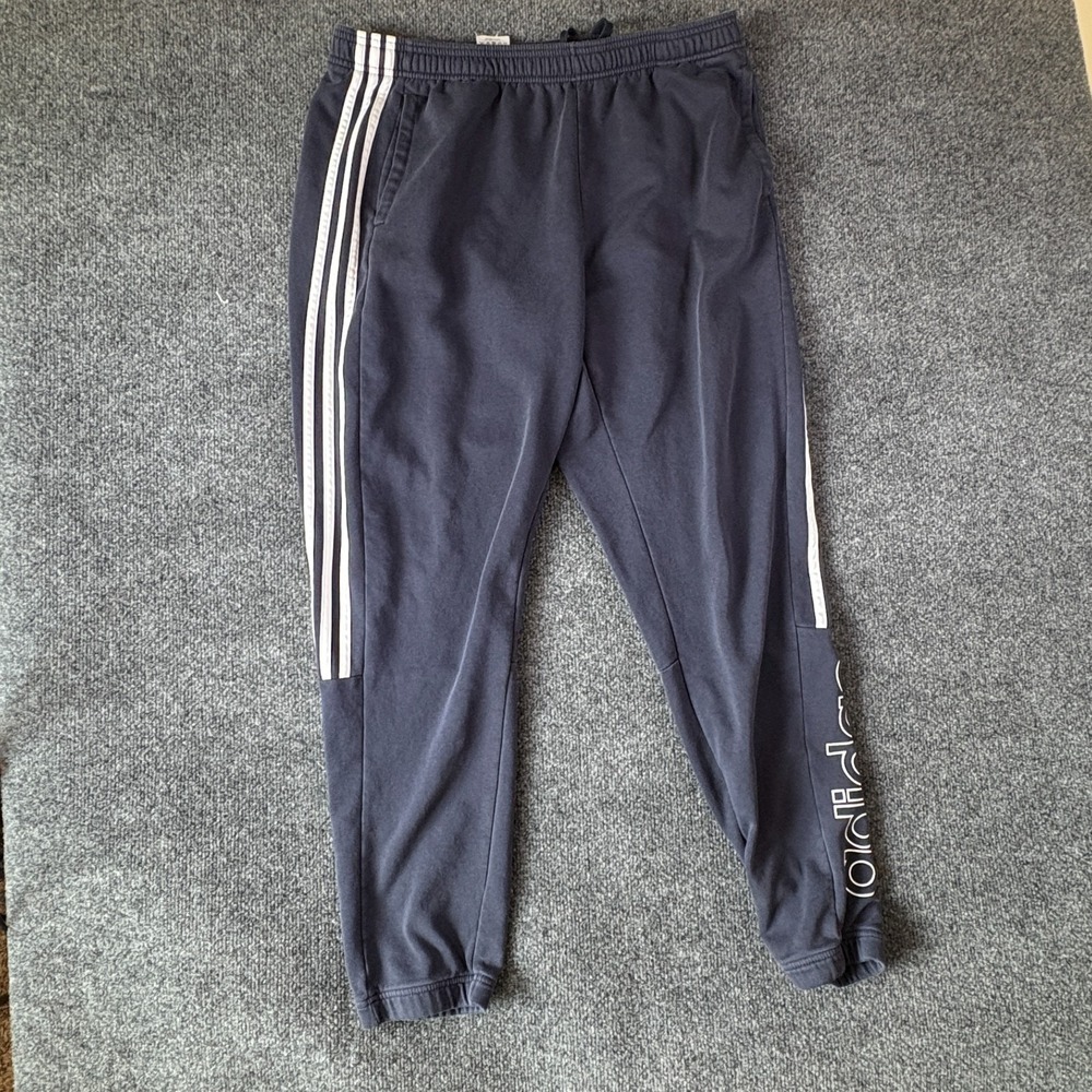 Adidas Jogger Sweatpants Mens 34X28.5 Navy Blue 3 Striped Spellout Logo Low Rise
